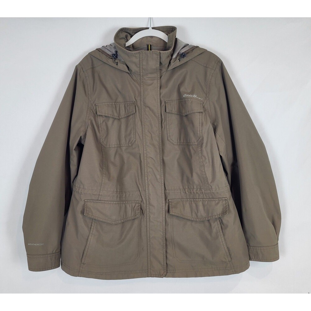 Eddie Bauer Weatheredge Rain Jacket Womens XL Hooded Brown Cinched Waist